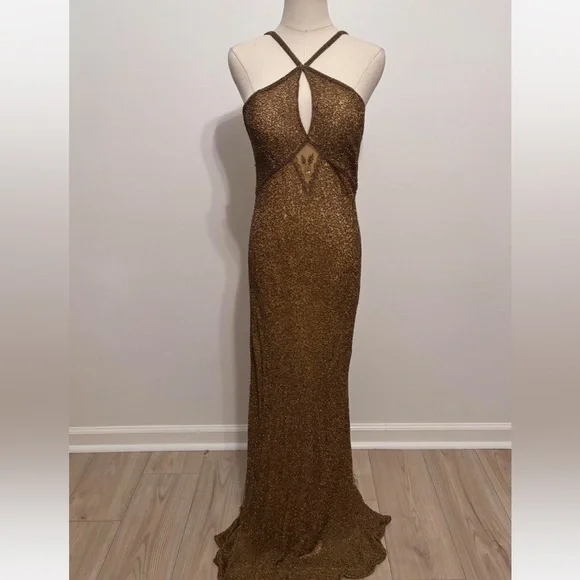 Vintage 100% Silk Beaded Dress Gold Beaded Dress Train Sheer Silk Fairy Prom - Picture 9 of 17